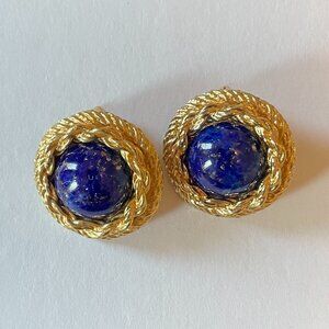 Christian Dior Vintage Gold Tone Rope Lapis Clip On Earrings 1980s-1990s Preppy